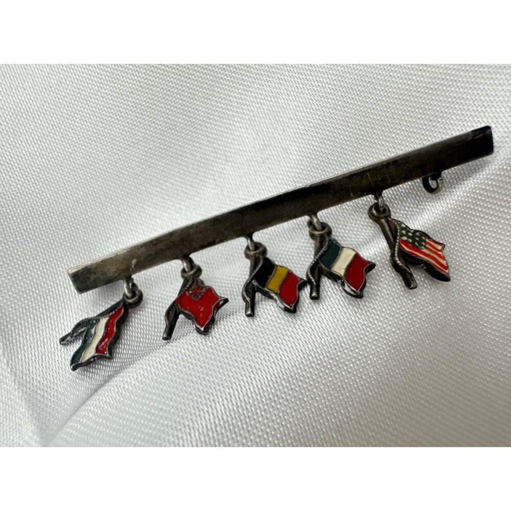 Antique German 800 silver enamel 5 nation country flags charms bar pin brooch